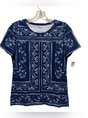 Talbots Crewneck Tee Floral Batik Blue White Short Sleeve Women’s Petite P NWT